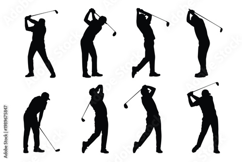 Silhouettes of male golfers in various dynamic poses swinging clubs during a golf sport activity set against a minimalistic white background