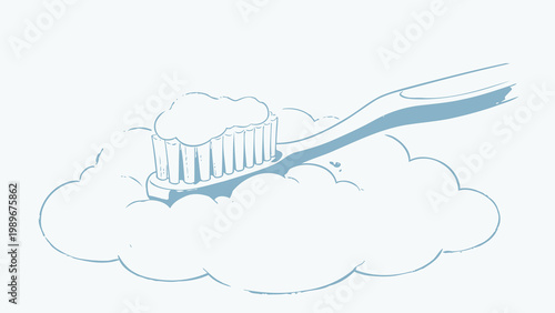 A Gentle Whimsical Illustration of a Light Blue Toothbrush Resting on a Fluffy Cloud, With Toothpaste Foam Mimicking Cloud Shape, Soft Watercolor Style, Minimalist Clean White Background