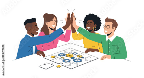 Happy diverse business team high-fives, celebrating successful collaboration and problem-solving, symbolizing unity and achievement in a project.