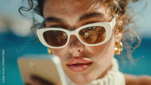 Modern Communication: A portrait of a woman wearing sunglasses, absorbed in her smart phone, set against a backdrop of sunlit sea.