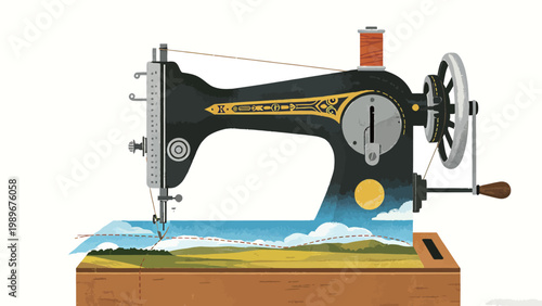 Surreal Illustrated Artwork of a Vintage Hand-Crank Sewing Machine Stitching a Rolling Country Landscape Into a New Creation