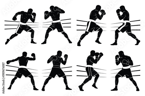 Dynamic silhouettes of boxers in action striking powerful poses with gloves raised and throwing punches in a ring during an intense match showcasing athleticism competition