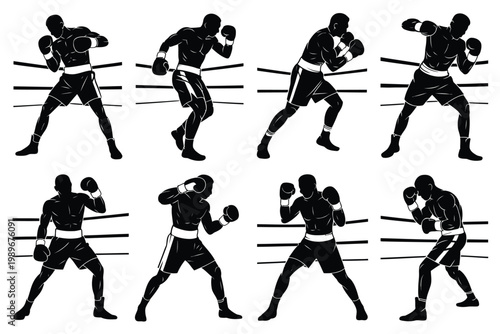 Silhouetted boxers in dynamic fighting poses showcasing punching defense and footwork in a minimalist high contrast black and white style