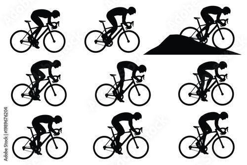 Silhouettes of cyclists in various dynamic riding positions on bicycles showcasing motion and athleticism in a minimalist black and white design isolated on a clean background