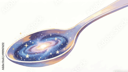 A Spoon Holding an Entire Spiral Galaxy: Dreamy Watercolor Illustration of a Celestial Cosmos Captured in a Simple Utensil, Blending Whimsical Fantasy and Cosmic Wonder