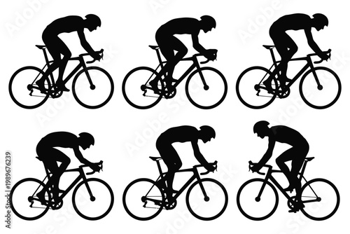 Silhouettes of cyclists riding bicycles in dynamic poses showcasing motion and athleticism on minimalist white background