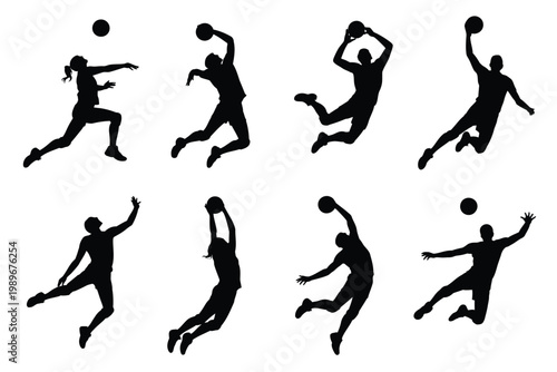 Dynamic silhouettes of athletes in motion capturing basketball moves including jumping dunking and passing against a clean white background showcasing energy and athleticism