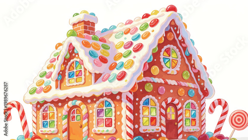 Watercolor Illustration of a Whimsical Festive Gingerbread House Decorated with Colorful Candies, Icing, and Candy Canes for Christmas Holiday