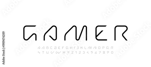 Technical future font, trendy digital cyber alphabet, letters from A, B, C, D, E, F, G, H, I, J, K, L, M, N, O, P, Q, R, S, T, U, V, W, X, Y, Z and numbers from 0, 1, 2, 3, 4, 5, 6, 7, 8, 9 for design