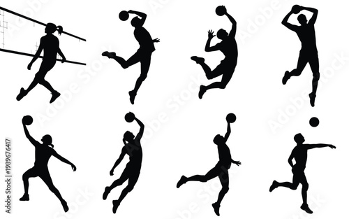 Silhouettes of athletes playing volleyball jumping spiking serving and diving in dynamic motion during a competitive match showcasing energy and teamwork
