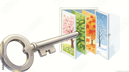 A Giant Vintage Skeleton Key Unlocks a Set of Folding Accordion Doors Decorated With the Four Seasons of the Year, Watercolor Illustration on Plain White Background
