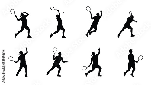 Silhouettes of athletes playing tennis in dynamic poses showing forehand backhand and serve actions in minimalistic black and white style