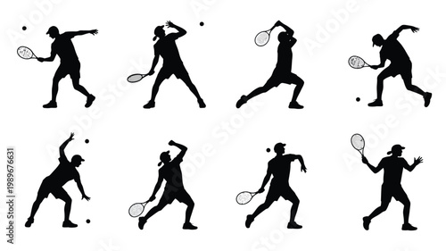 Silhouettes of eight tennis players in dynamic action poses mid swing serving and hitting the ball in a minimalist design