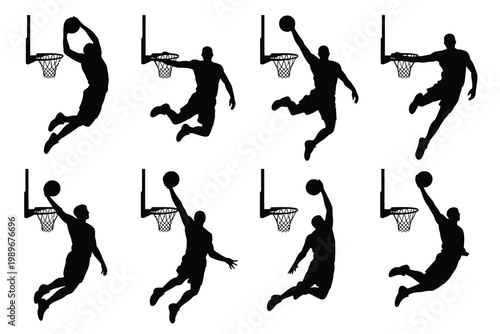 Dynamic silhouettes of basketball players dunking and shooting hoops in mid air action isolated on white background energetic athletic movements