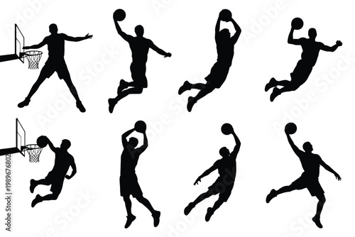 Dynamic silhouettes of basketball athletes performing dunks layups and jumps against a clean white background showcasing athleticism and motion in a minimalist style