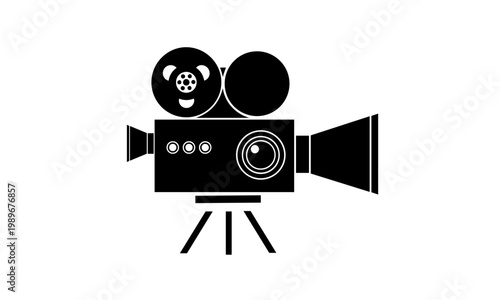 Retro cinema camera illustration with film reels