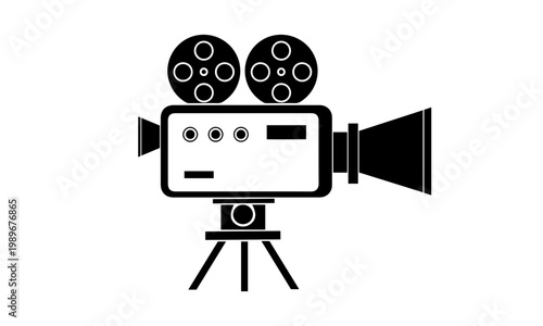 Retro film camera vector graphic with reels and tripod
