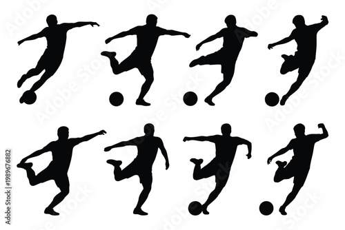 Dynamic silhouettes of athletes kicking and controlling soccer balls in mid air showcasing action movement and energy in a bold minimalist design