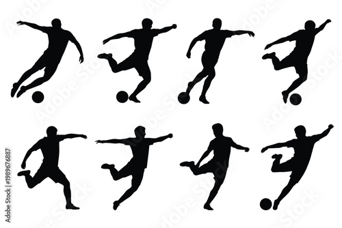 Silhouettes of soccer players performing various dynamic movements including kicking running and jumping with a ball