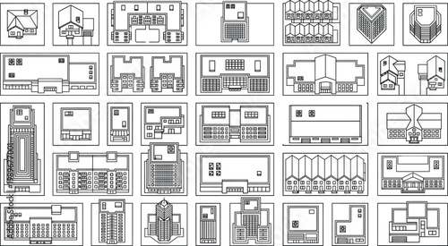 Architectural vector interior room layout CAD block set, black outline floor plan modules, kitchen bathroom bedroom office furniture arrangements for architectural and space planning design