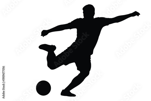 Silhouette of a soccer player in dynamic motion kicking a ball isolated on white background minimalist design capturing the essence of athleticism and energy in vector art style