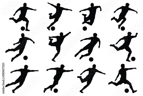 Dynamic silhouettes of soccer players in action kicking and dribbling the ball in various athletic poses isolated on white background