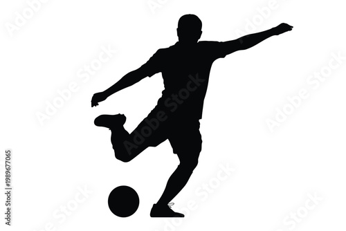Dynamic silhouette of a soccer player in mid kick isolated on a clean white background capturing the energy of sports