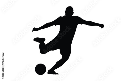 Dynamic silhouette of a soccer player in action kicking a ball with energy and precision isolated on a clean white background capturing the intensity and motion of the sport