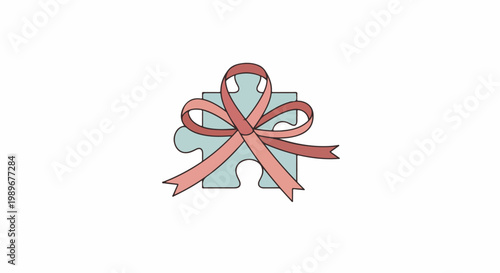 Minimalist illustration of a light blue puzzle piece with a pink ribbon bow, representing autism spectrum disorder awareness and support.