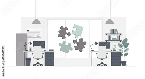 Modern office collaboration with floating puzzle pieces connecting two workspaces, symbolizing teamwork, integration, problem-solving, and strategic business solutions.