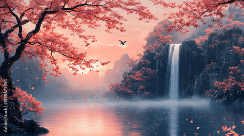 Sunlit Forest Waterfall in a Tranquil Green Valley