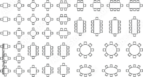 Architectural plan view vector table and chair CAD block set, dining and meeting layouts round square rectangular tables seating arrangements for floor plan and space planning design