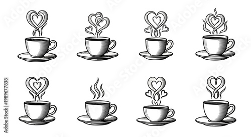 Eight detailed antique coffee cups on saucers featuring elaborate heart shaped steam formations in engraved style