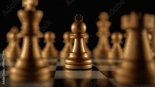Closeup of chessboard with king and queen pieces on black background strategic game concept