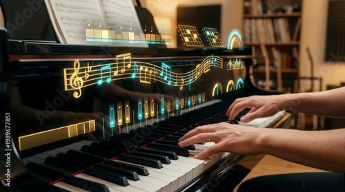 Pianist Playing Grand Piano with Interactive Musical Notation and Frequency Visualization