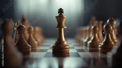 Close up of chessboard with king and queen pieces in strategic position on black and white board