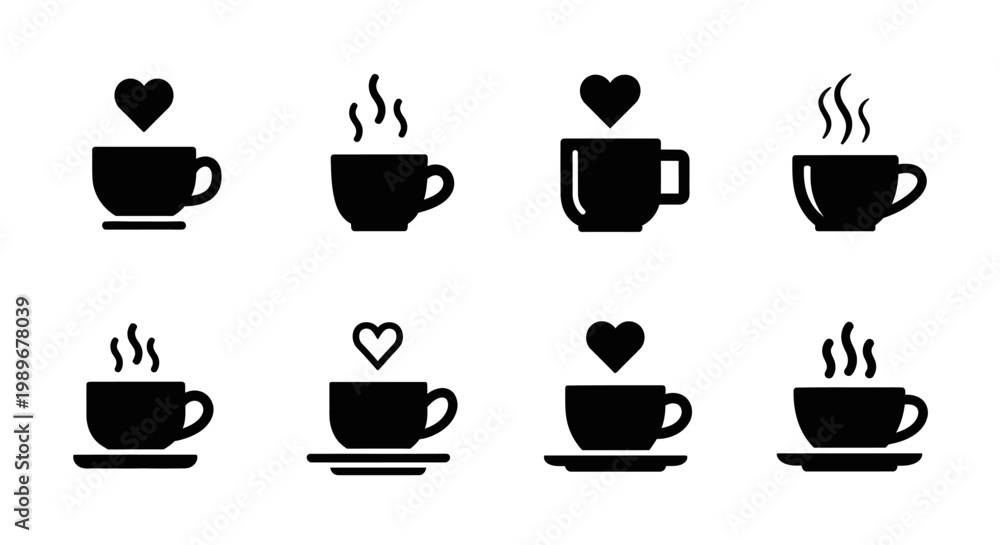Obraz premium Simple coffee cup silhouette set featuring heart and steam variations for cafe apps. Solid black icons for interface design and morning beverage menu layouts