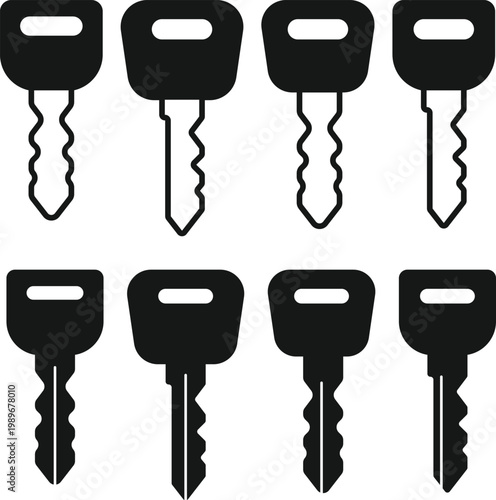 Car Key Icon Set. Vehicle Remote Symbols. Central locking and vehicle protection sign. Smart car key and fob icons. Modern web policy design

