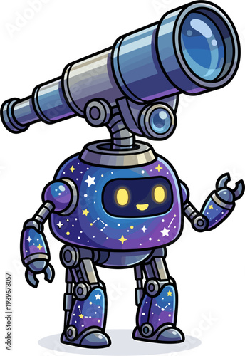 Pixel art robot astronomer with a telescope on its head, standing and waving, cosmic galaxy background body, space exploration, science discovery