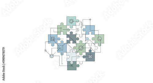 Interconnected puzzle pieces forming a complex network diagram, symbolizing integrated solutions, strategic thinking, teamwork, and technological innovation.