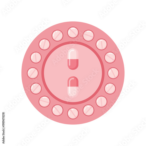A flat design vector illustration of a round container holding birth control pills and two capsules, suitable for healthcare and pharmaceutical concepts.