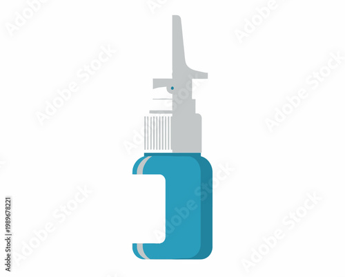 Simple flat design vector illustration of a blue nasal spray bottle featuring a white label and grey applicator. Ideal for medical, healthcare, or pharmaceutical marketing and educational content.