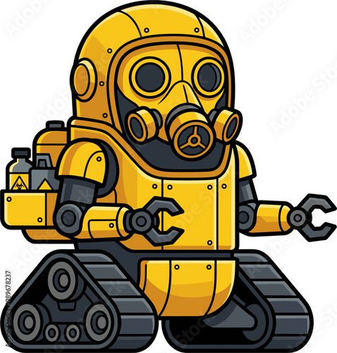 Retro pixel art robot with gas mask and tanks on treads, science fiction character, isolated