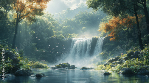 Sunlit Forest Waterfall in a Tranquil Green Valley