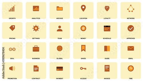 Modern business icons set, 24 flat corporate vector symbols for web and app design, orange and brown professional marketing and finance graphics