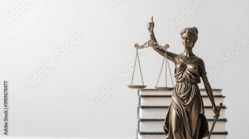 Elegant lady justice themis statue with intricate details scales and sword standing in front of law books symbolizing fairness and justice in a neutral professional setting