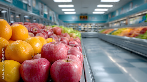 Fresh apples and oranges displayed in a supermarket produce section with colorful fruits and refrigerated shelves in the background. Selective focus