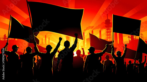 Powerful workers silhouettes raising flags and protesting during a vibrant sunset, symbolizing labor union movements and collective action
