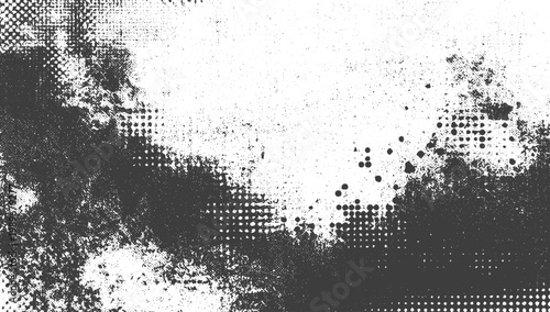 Black and White Grunge Vector Texture with Halftone Dots and Distressed Splatter Elements for Urban Background Graphic Design
