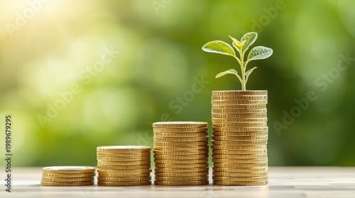 Stacked gold coins forming upward graph with small plant on top symbolizing financial growth and investment success